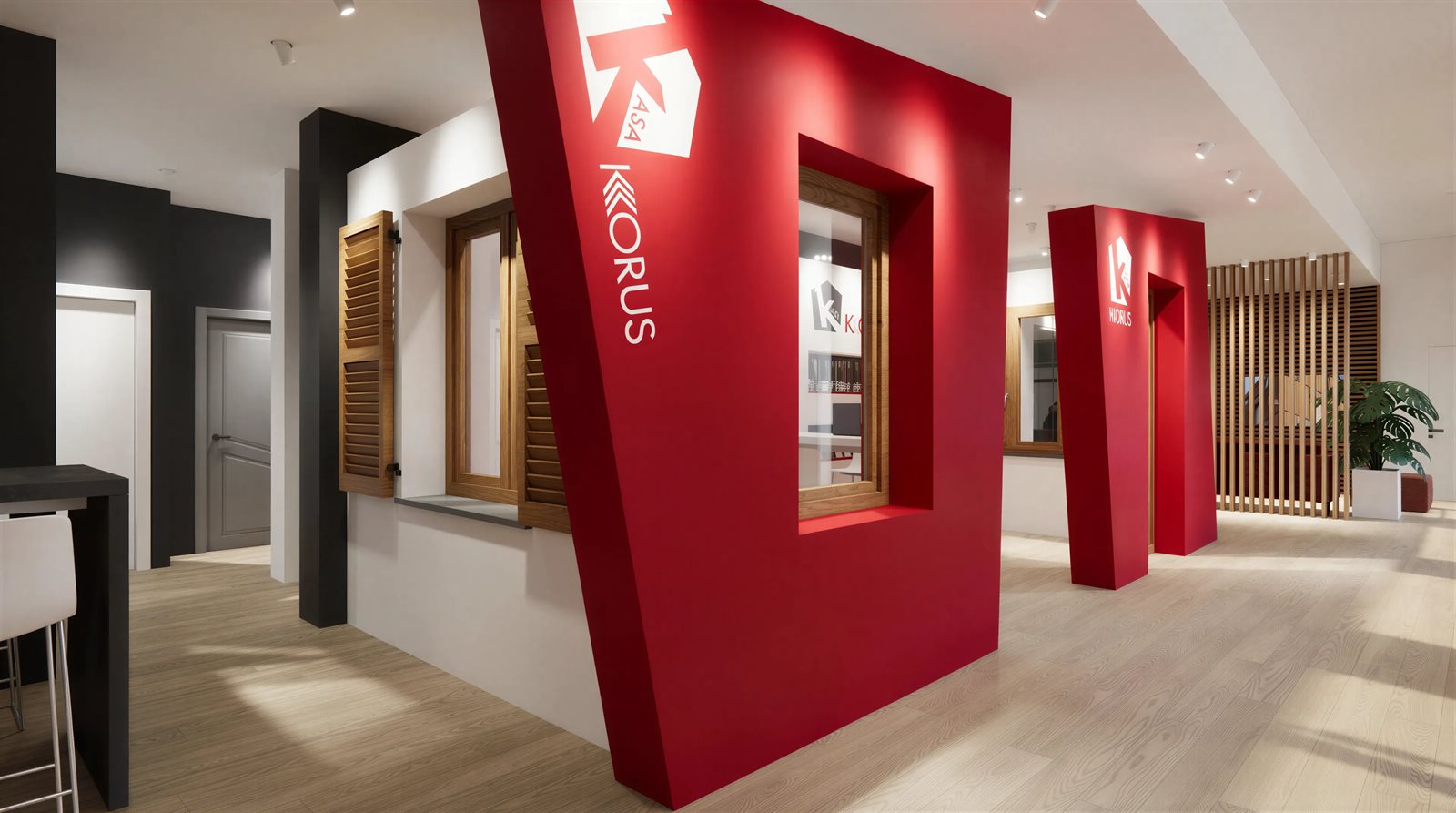 Finestra e persiana in legno massello esposte nello showroom Korus
